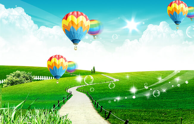 PSD Packgrounds free Download, تحميل خلفية سماء صافيه وخضره وبالون مفتوحه للفوتوشوب PSD, Grass and Clear Sky, PSD Balloon,