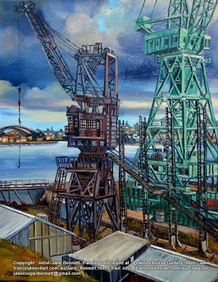 Plein air industrial painting of cranes at Cockatoo Island by industrial artist Jane Bennett