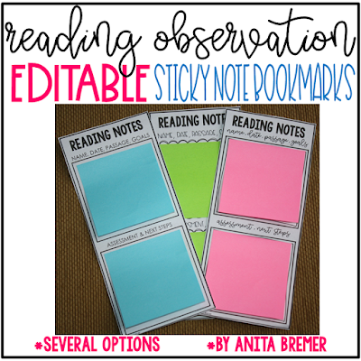 Reading Observation Sticky Note Bookmarks for Teachers These EDITABLE sticky note bookmarks are perfect to jot down anecdotal notes while doing a reading observation, to note progress and areas for improvement. Fully customizable, just print over the text boxes to make them work for you. A great assessment tool! #stickynotebookmarks #readingobservation #teaching #teachertools #reading #assessment