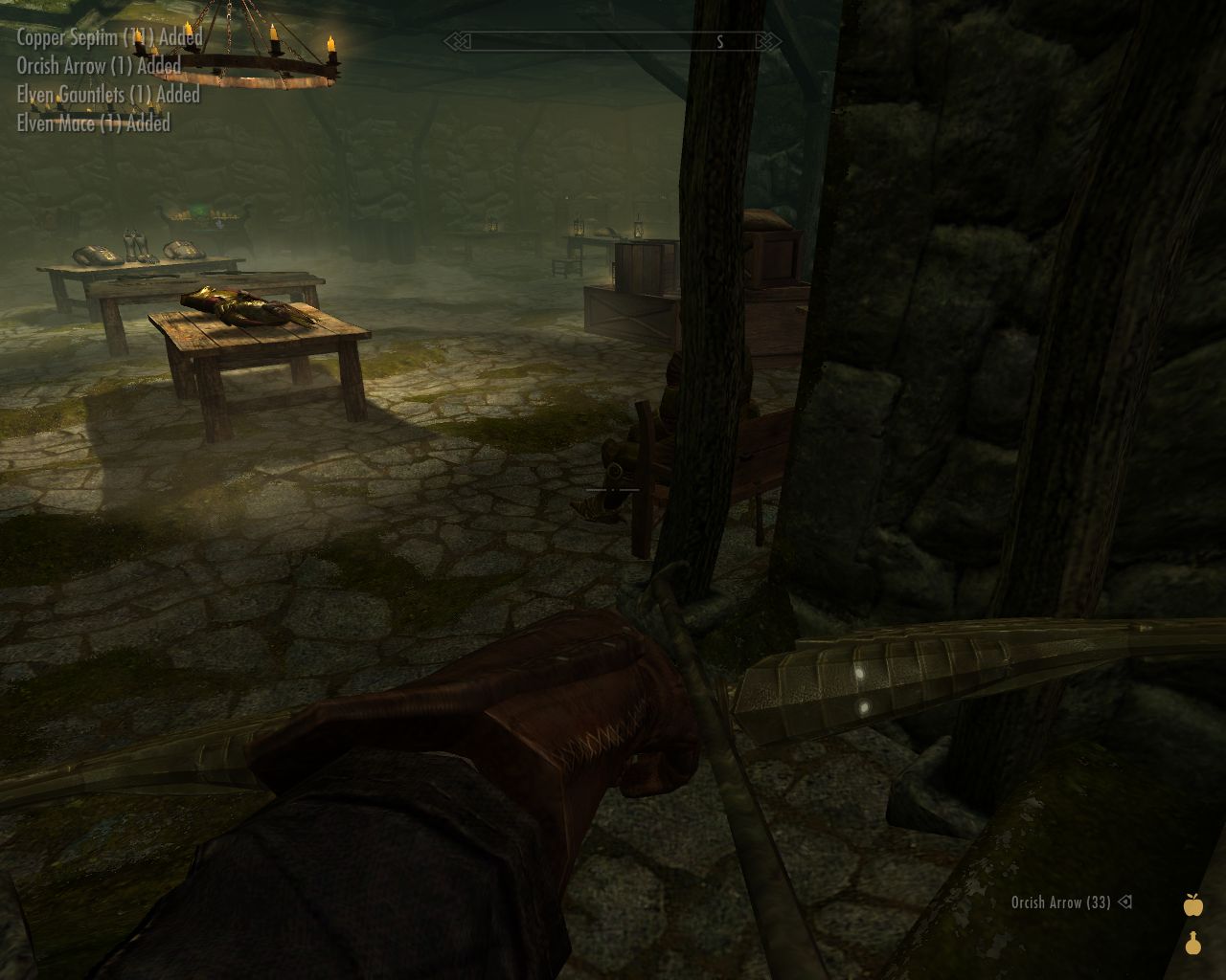 protagonist aiming bow at the lower leg of a man sitting on a bench just behind the corner