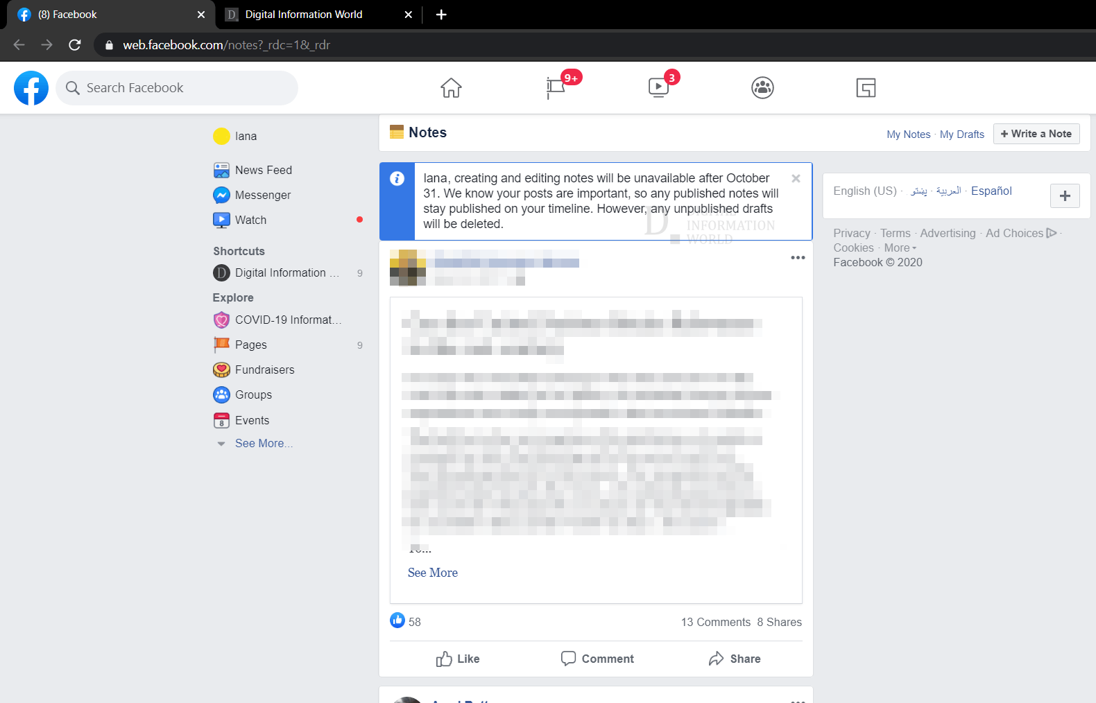 Facebook is sunsetting its Notes feature for all on Oct 31
