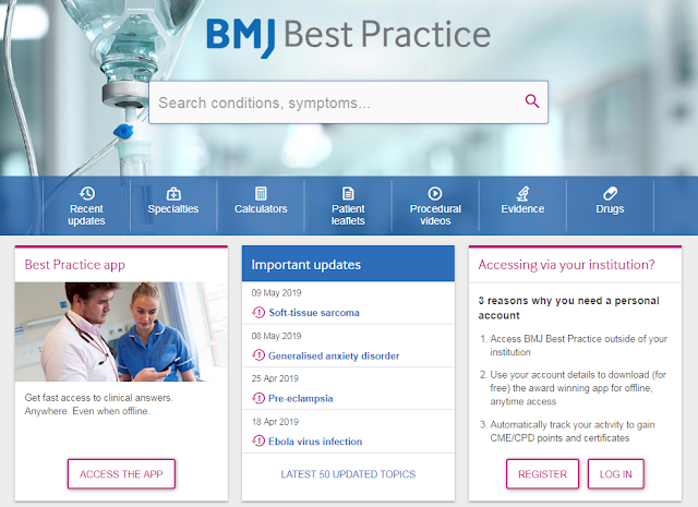 Home page showing the various options within BMJ Best Practice