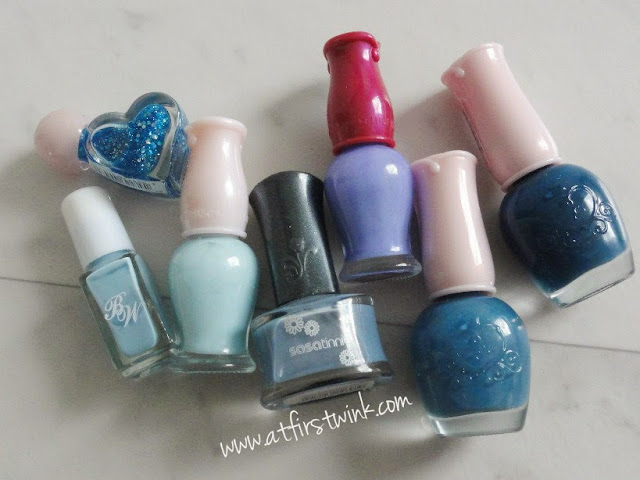 a bunch of blue nail polishes (Etude House, Sasatinnie, Beauty World)