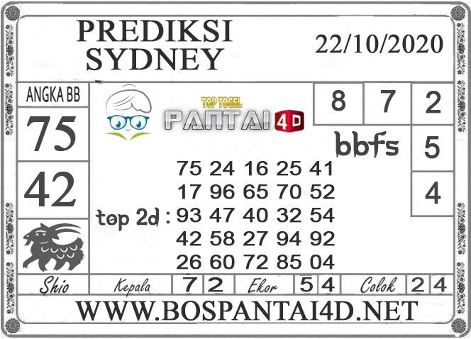 Prediksi Togel Sydney Pantai4D 22 Oktober 2020