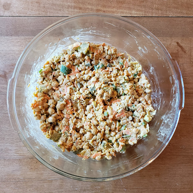 Chickpea salad mixture in a large mixing bowl