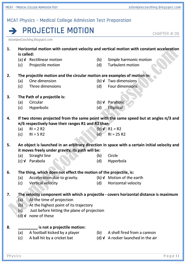 Adamjee Coaching MCAT Physics [Projectile Motion] Mcqs for Medical