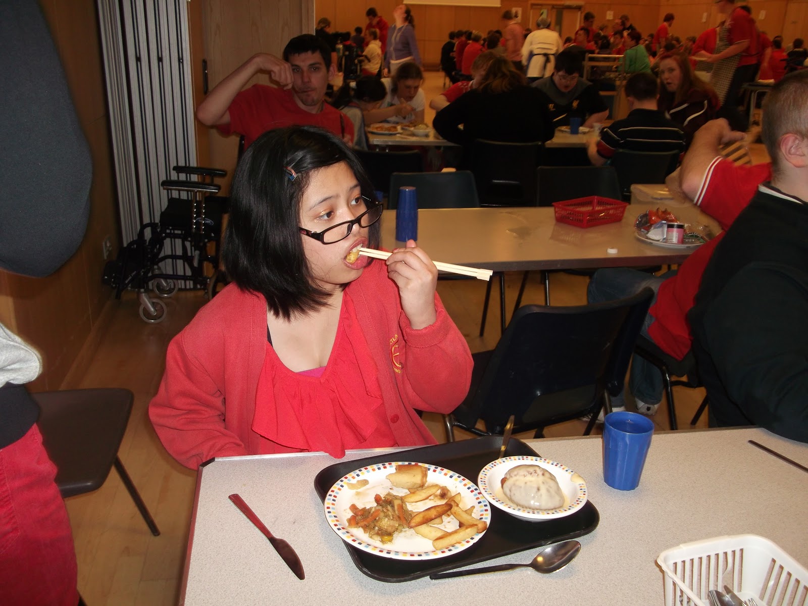 Portland Challenge Days Eating our school dinner with chopsticks