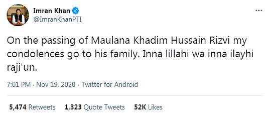 Condoléances d'Imran Khan àla famille Khadim Hussain Rivzi le fondateur du Tehreek-e-Labbaik Condoléances d'Imran Khan àla famille Khadim Hussain Rivzi le fondateur du Tehreek-e-Labbaik
