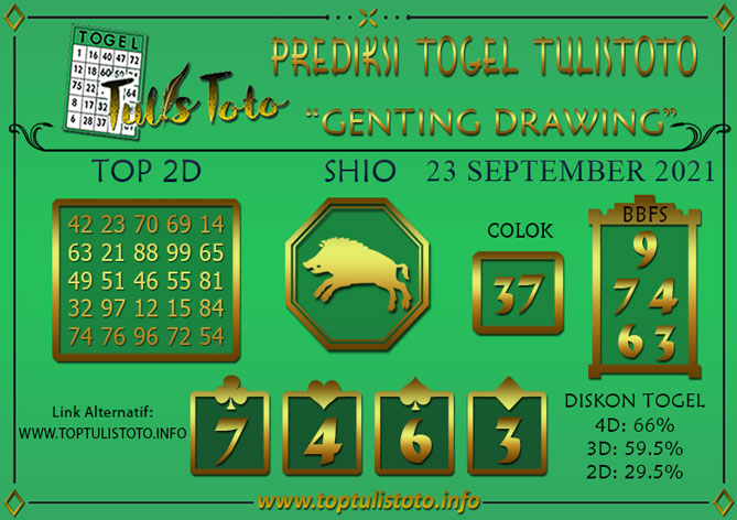 Prediksi Togel GENTING DRAWING TULISTOTO 23 SEPTEMBER 2021