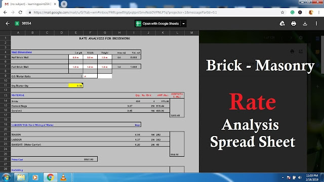 Brick masonry rate analysis spread sheet