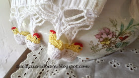 Eclectic Red Barn:Tea towel with crocheted chickens