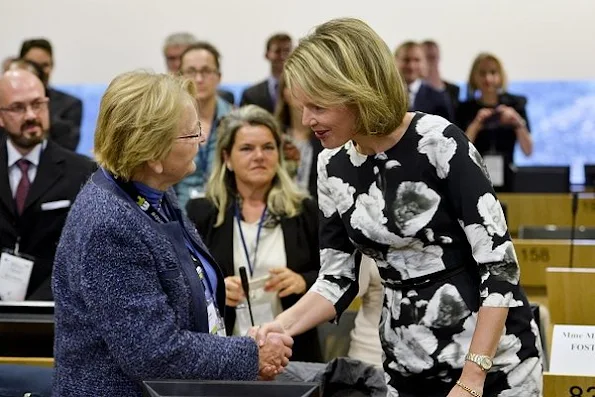 Queen Mathilde of Belgium looks on during her visit at the seminar 'European Union support to microfinance and social entrepreneurship: investing in job creation' and the inauguration of the First European Microfinance Day 