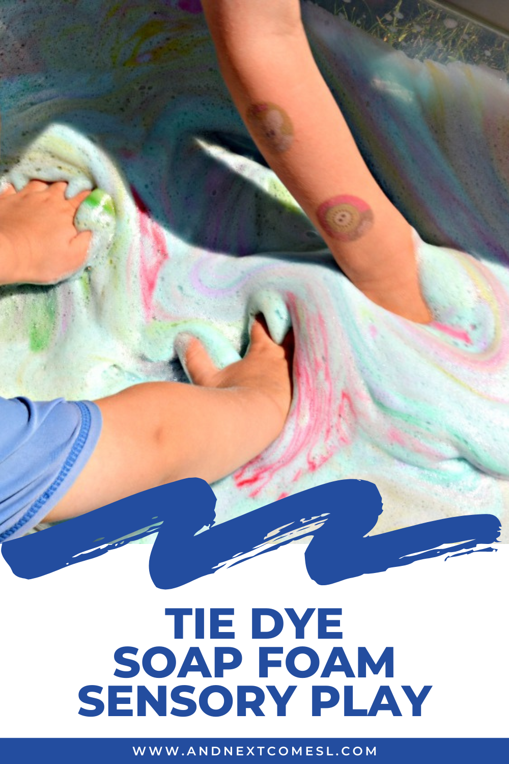 Rainbow tie dye soap foam sensory bin for kids