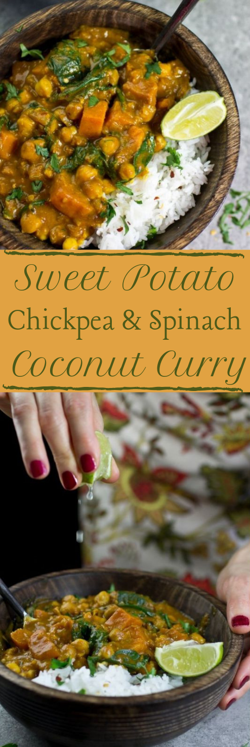 Sweet Potato, Chickpea and Spinach Coconut Curry #potato #coconut #vegan #chickpea #healthy