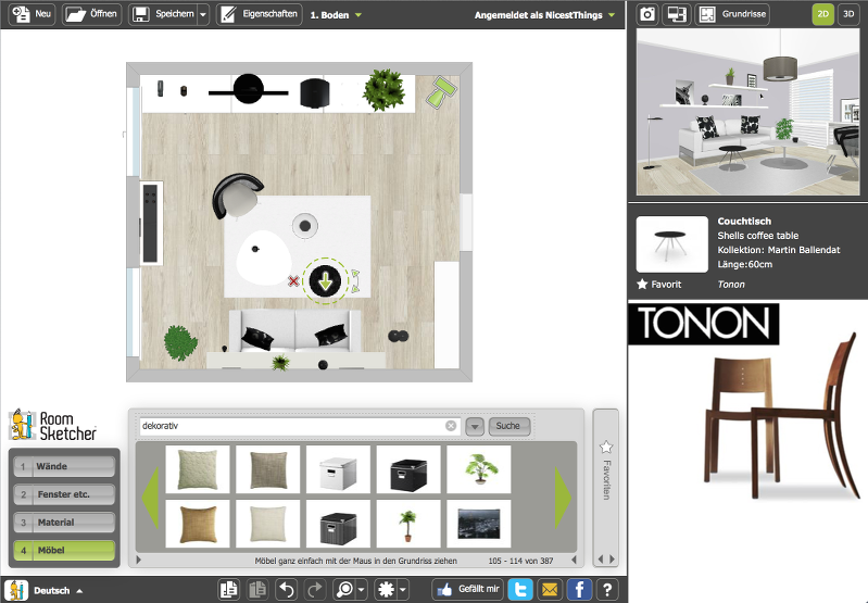 RoomSketcher Benutzeroberfläche