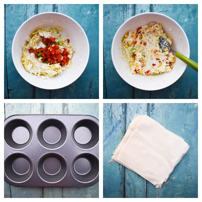 Cheese & Red Pepper Hand Pies - Step 2 (Veg added to filling and muffin tray prepared)