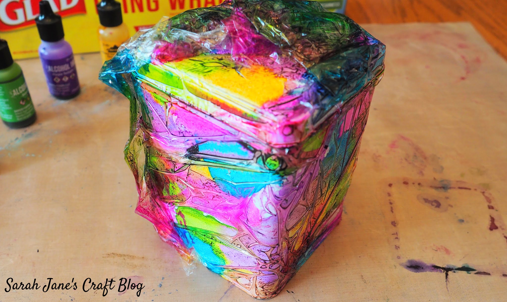 Plastic Wrap Alcohol ink on Spray Painted Tin