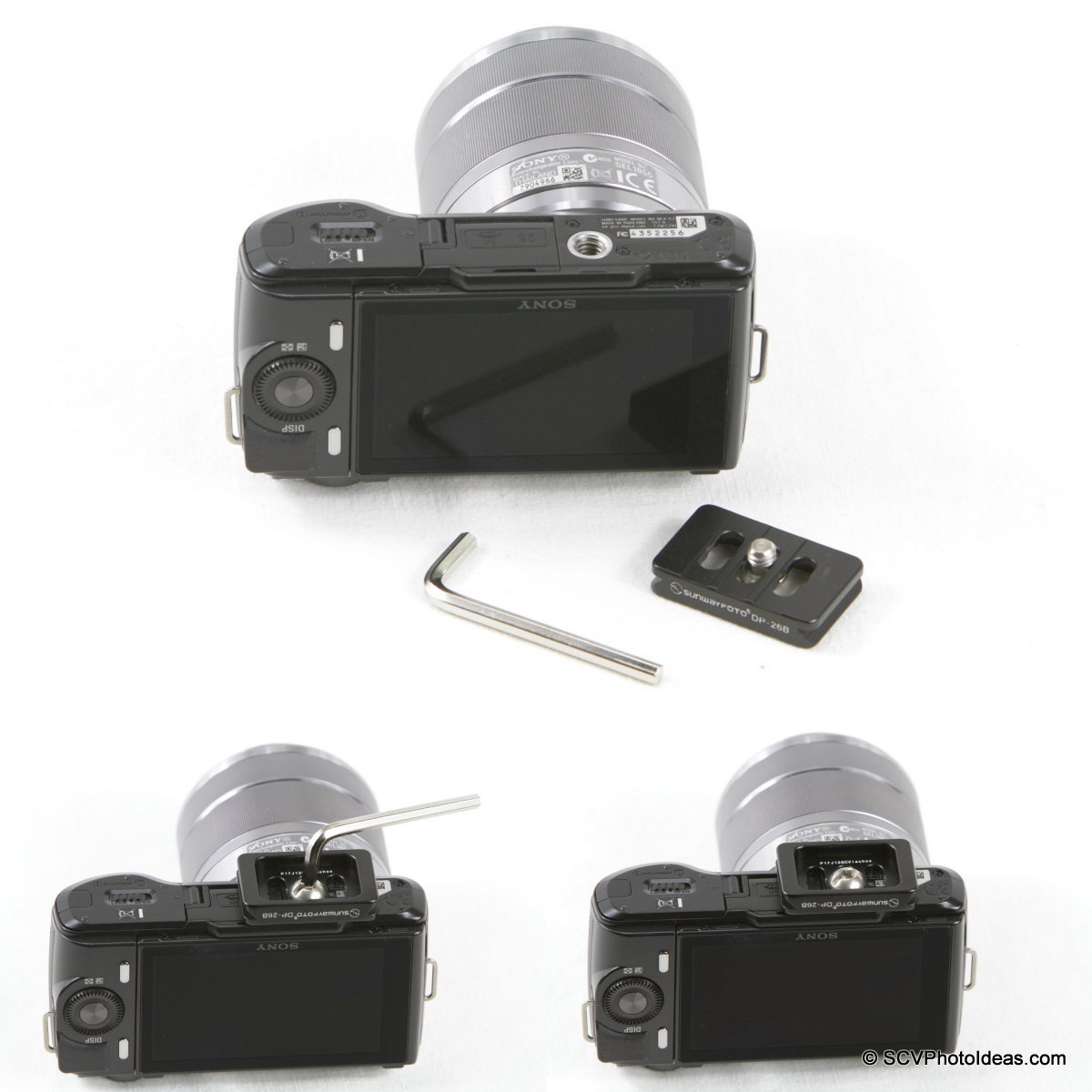 Sunwayfoto DP-26 QR Plate w/ Sony NEX-C3 camera mounting seq