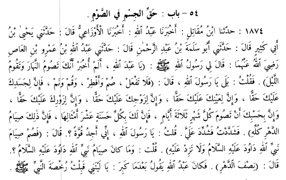 Umar Mansur Ar-Rahimy: Penjelasan singkat kitab Ash-Shaum dari Sahih  Bukhari; Bab (54), (55), (56), (57), dan (58) Hadits Ibnu 'Amr tentang puasa