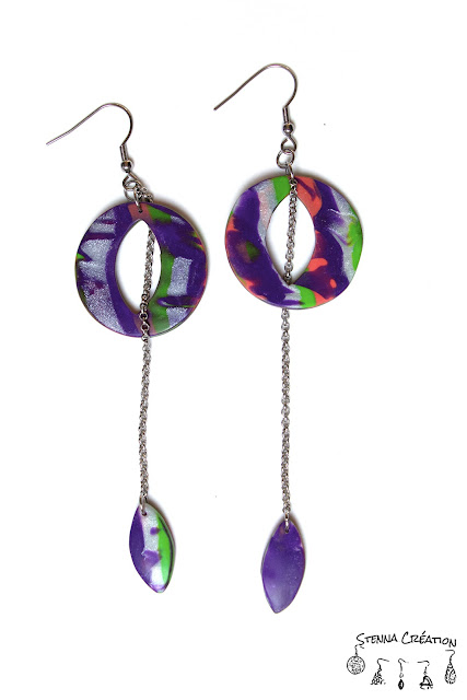 Boucles d'oreilles pâte polymère rayures violet vert corail argent Cernit Fimo Stenna Création