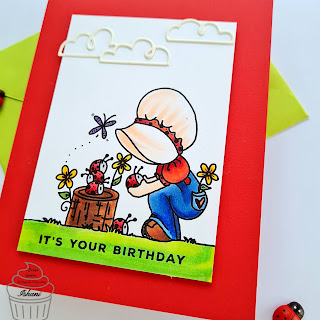 Ladybug Birthday card for girls,Sunbonnet Bugaboo stamps, Copic coloring, Quillish