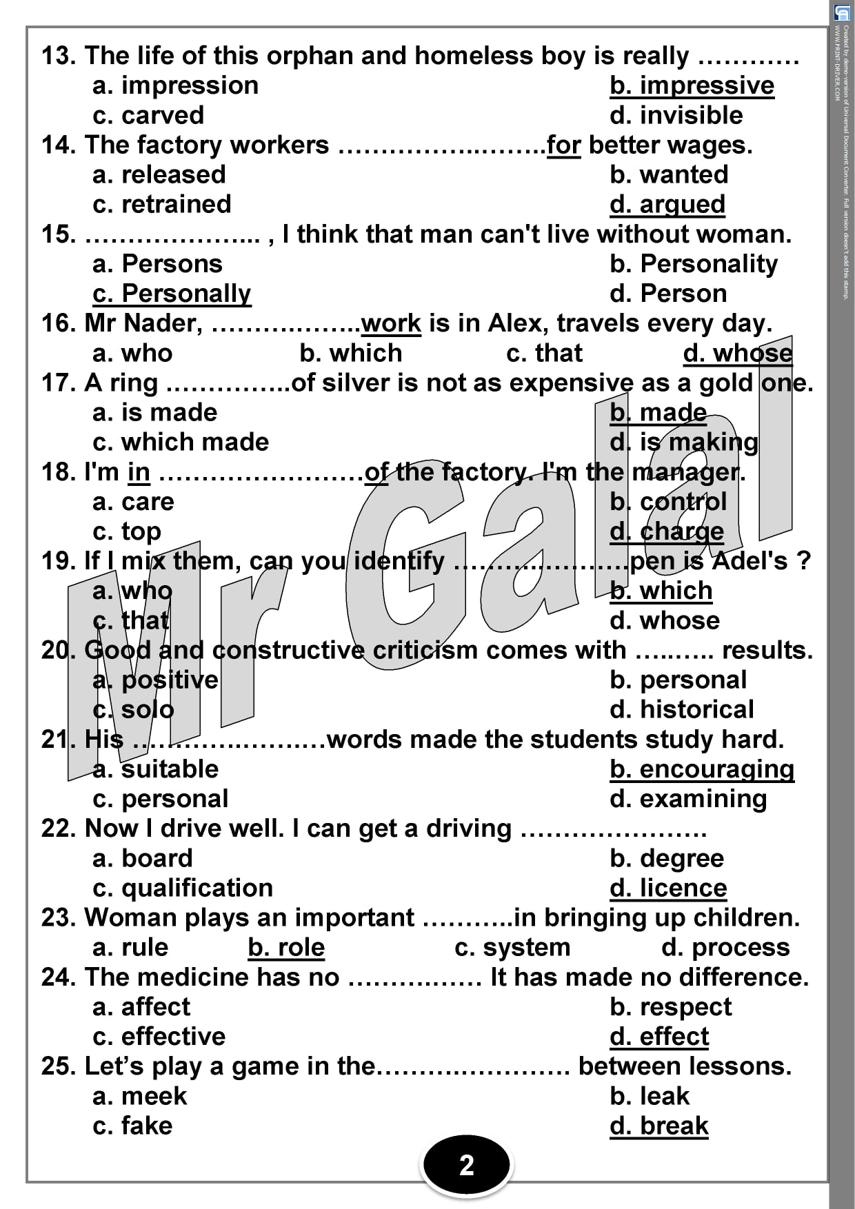 210 جملة اختيارى قواعد وكلمات بالاجابات على منهج اللغة الانجليزية الـ 16 وحده ثالثة ثانوي 3