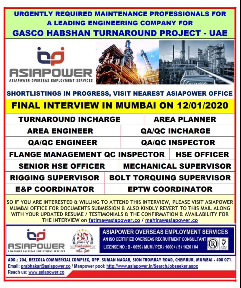 Oil And Gas Turnaround Shutdown Project Jobs In Uae Apply Now Job Inbox Gulf Walk In Interviews