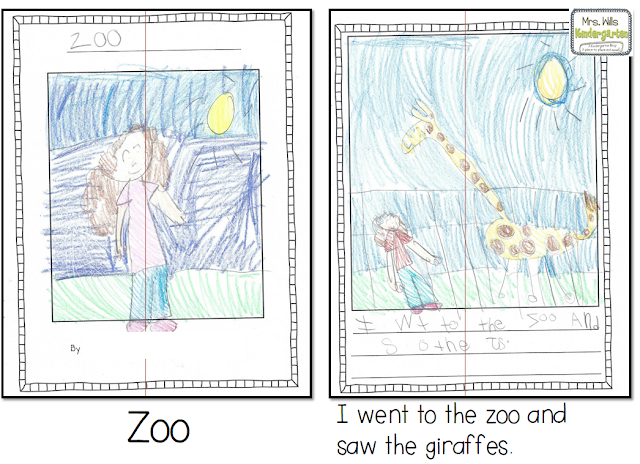 Scanned kindergarten writing pages titled 'Zoo' showing two student drawings and the sentence 