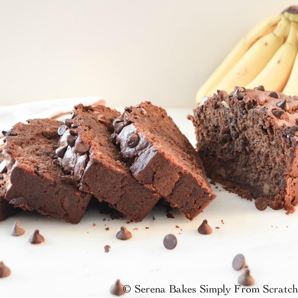Double Chocolate Banana Bread is moist and chocolaty with plenty of chocolate chips from Serena Bakes Simply From Scratch.