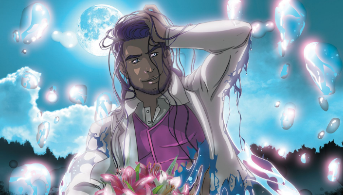 Imagem: ilustração de um homem muito bonito e de cabelos rosa saindo das águas de um rio iluminado pela lua cheia, as roupas brancas com detalhes cor de rosa.