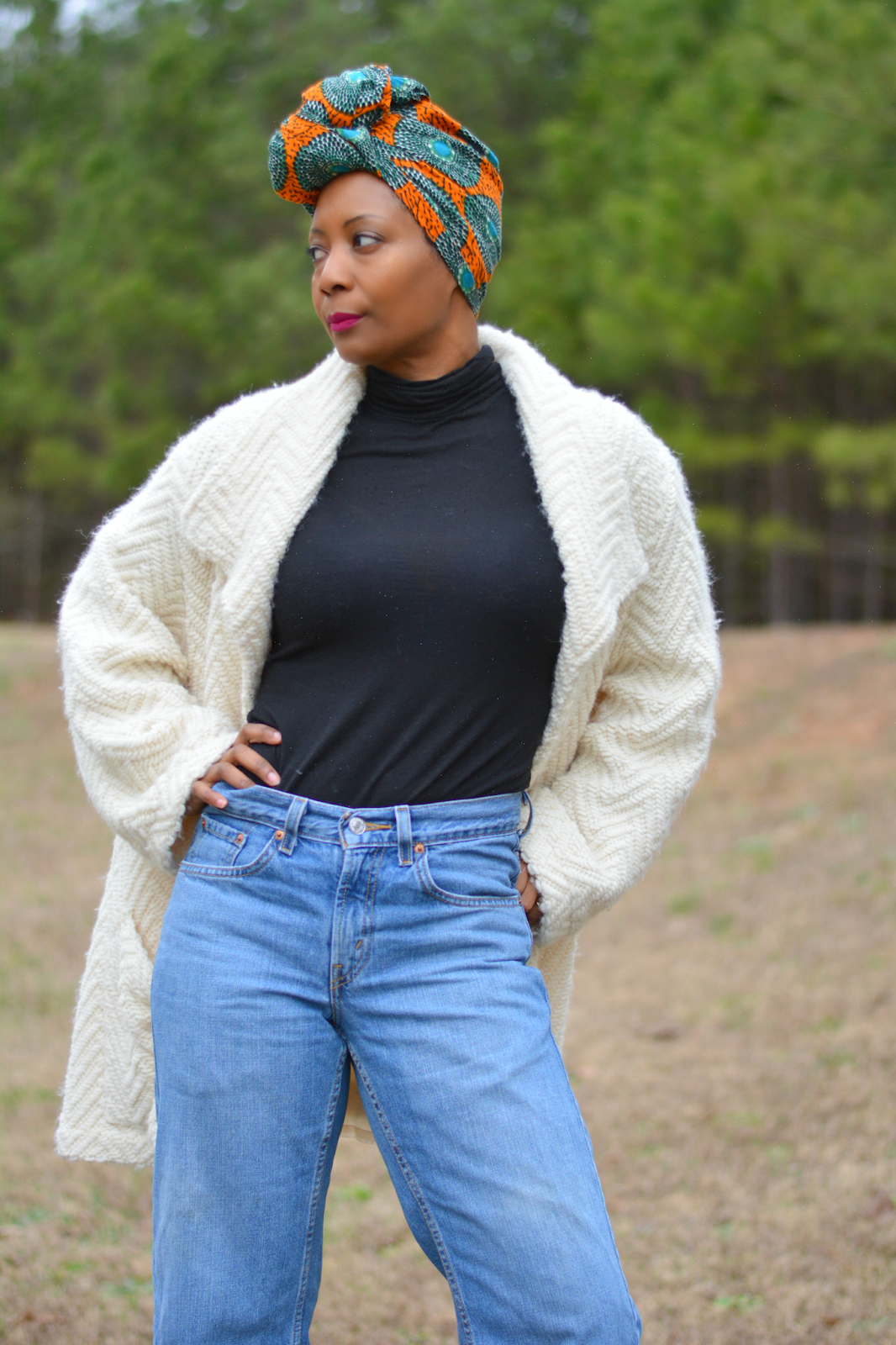 Thrift style fashion featuring vintage boys Levi's jeans and oversized Cannisse Sweater Coat.
