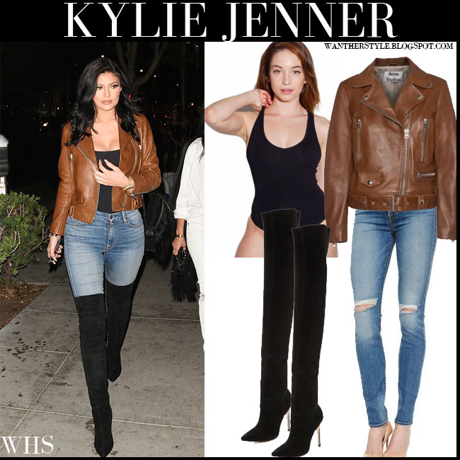 Kylie Jenner in brown leather Acne jacket with black top skinny jeans ...
