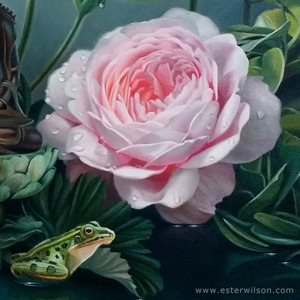 Close up view of "Reflecting" Oil painting on panel, 30 x 24 inches