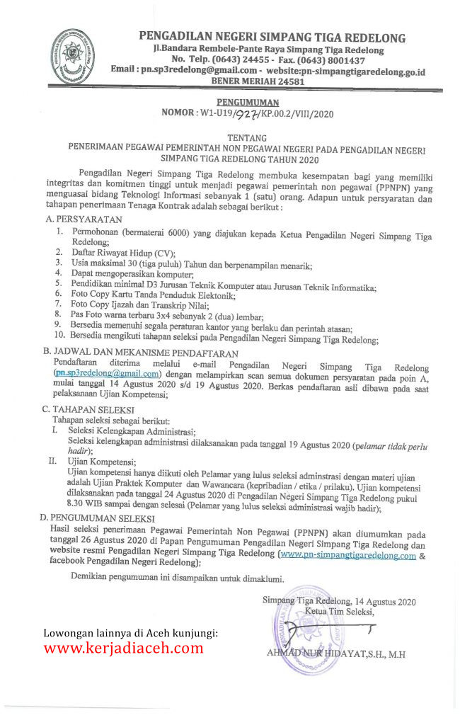 Lowongan Kerja Bener Meriah Penerimaan Pegawai Pemerintah Non Pegawai Negeri Pn Simpang Tiga Redelong