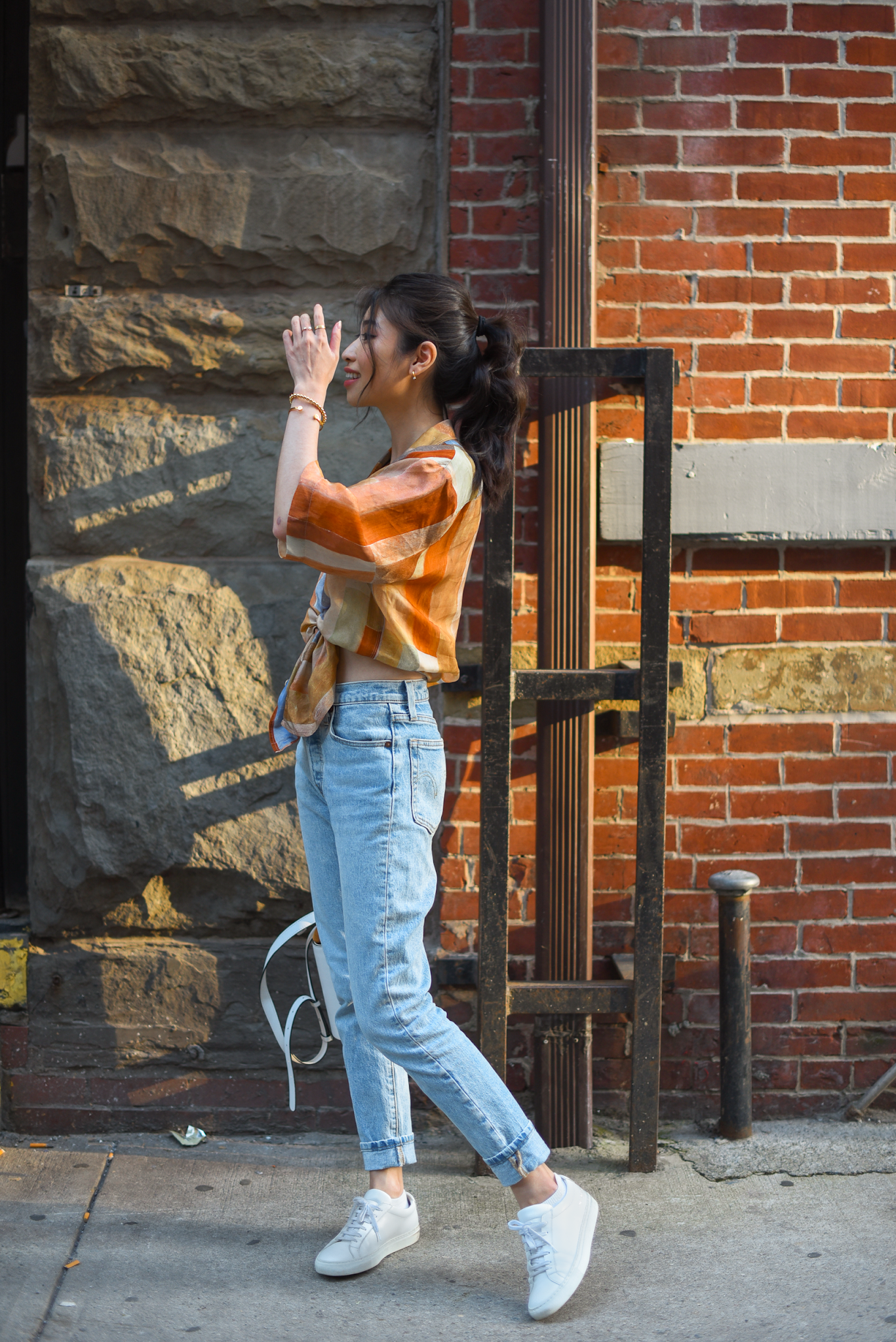 Aritzia Aries button up, gold tone jewelry, summer outfit ideas, rustic orange shirt, New York casual style - FOREVERVANNY.com