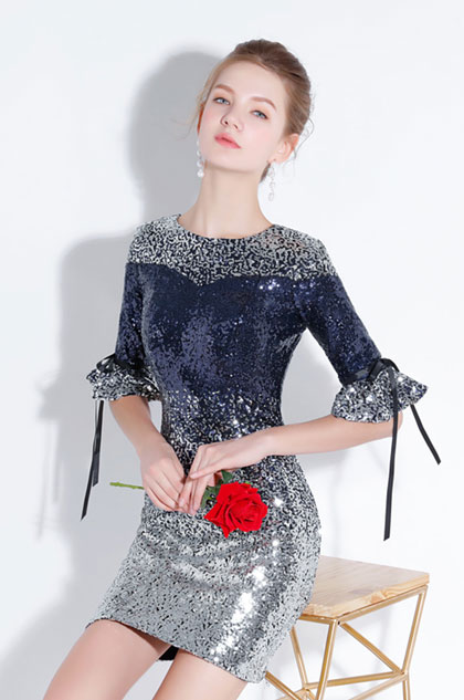 Sexy Blue-Silver Sequins Elegant Cocktail Party Dress