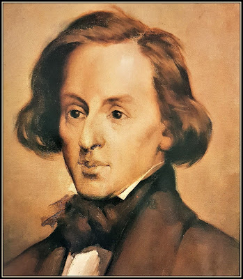 A painting with a portrait of Chopin at a relatively young age