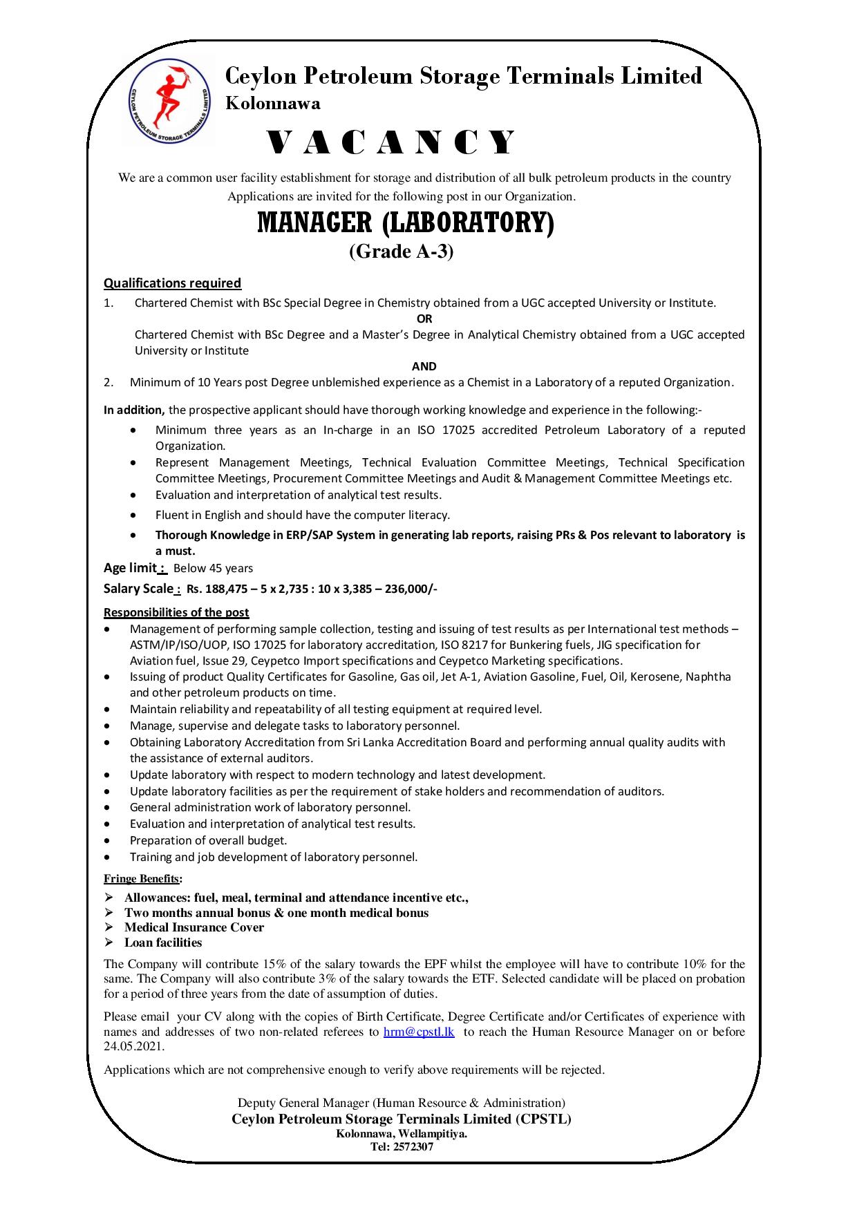 Manager(Laboratory) Ceylon Petroleum Storage Terminals Limited Job