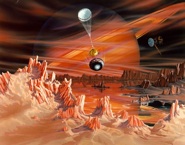 Так могла бы выглядеть посадка зонда «Гюйгенс» на Титан. Если бы её кто-нибудь наблюдал со спутника Сатурна