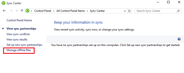 Centre de synchronisation Windows 10