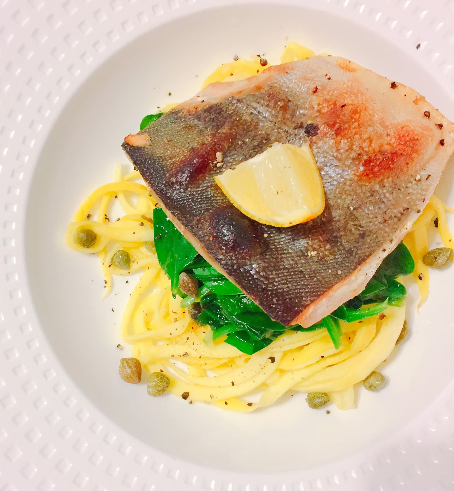 iron stef lemon caper salmon with yellow squash noodles