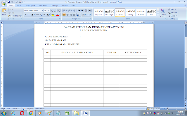 Format daftar persiapan kegiatan praktikum laboratorium