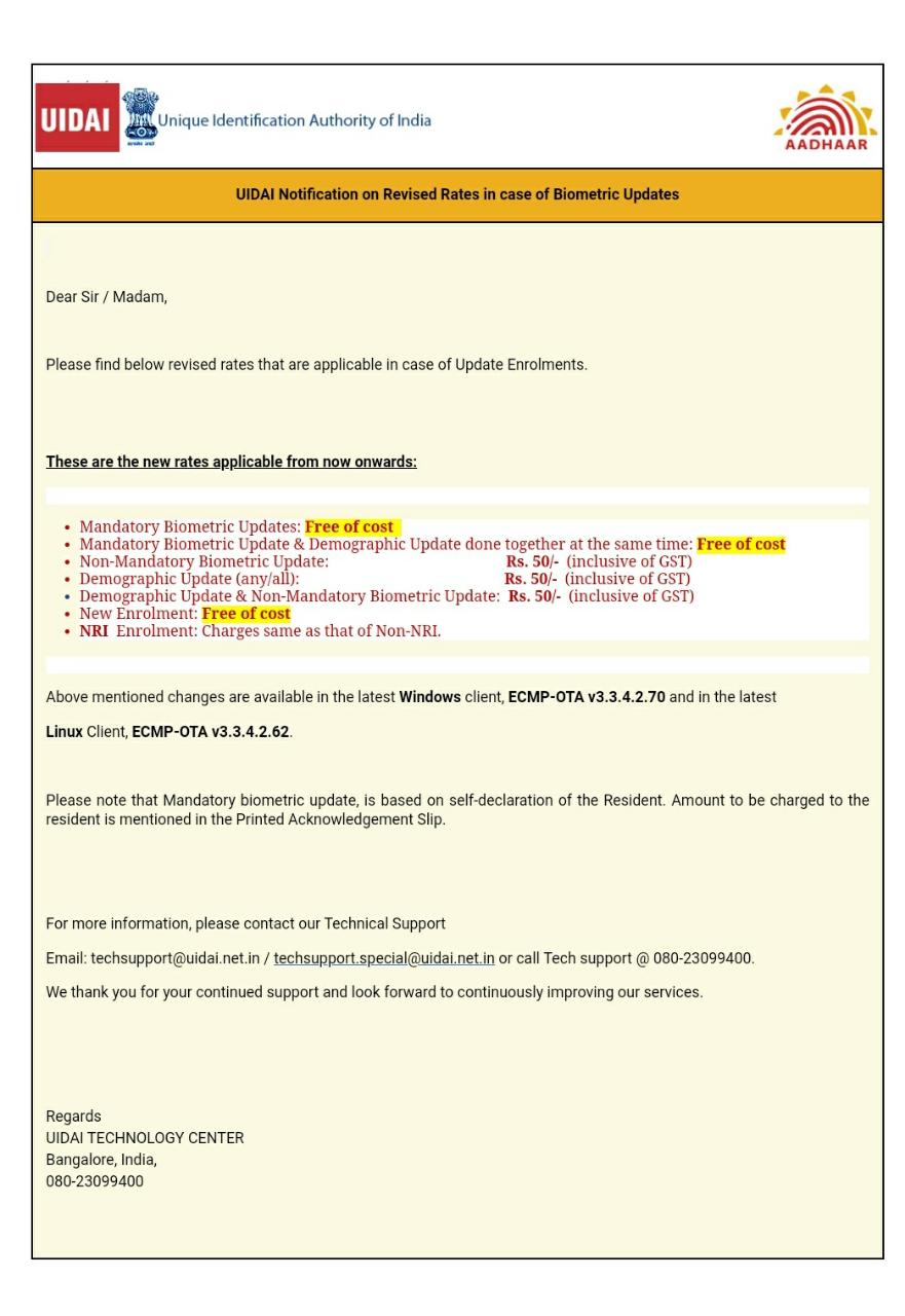 No Fee for Mandatory Biometric Update with Demographic update for