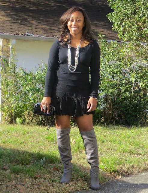 Outfit: Black Mini and Gray Boots