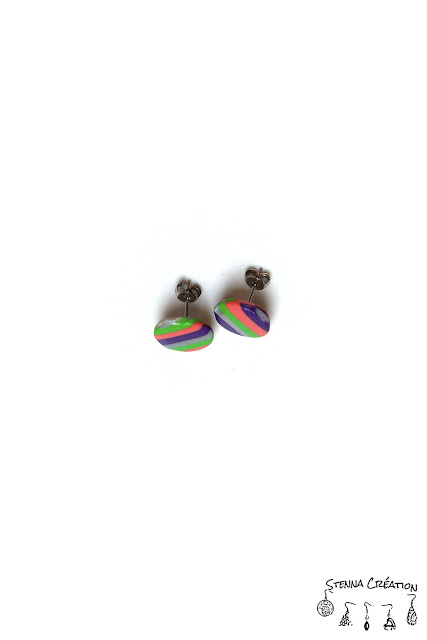 Boucles d'oreilles pâte polymère rayures violet vert corail argent Cernit Fimo Stenna Création