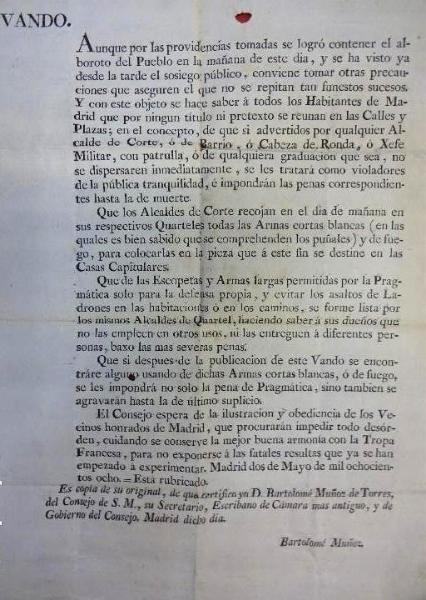 GUERRA DE LA INDEPENDENCIA ESPAÑOLA BANDO EN MADRID EL 2 DE MAYO DE 1808