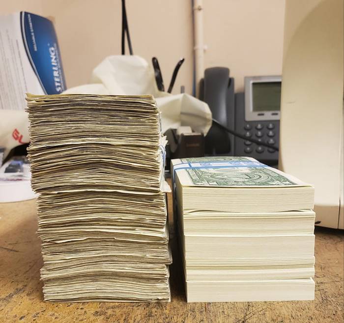 500 one-dollar bills that were in use, and the same amount of new dollars 