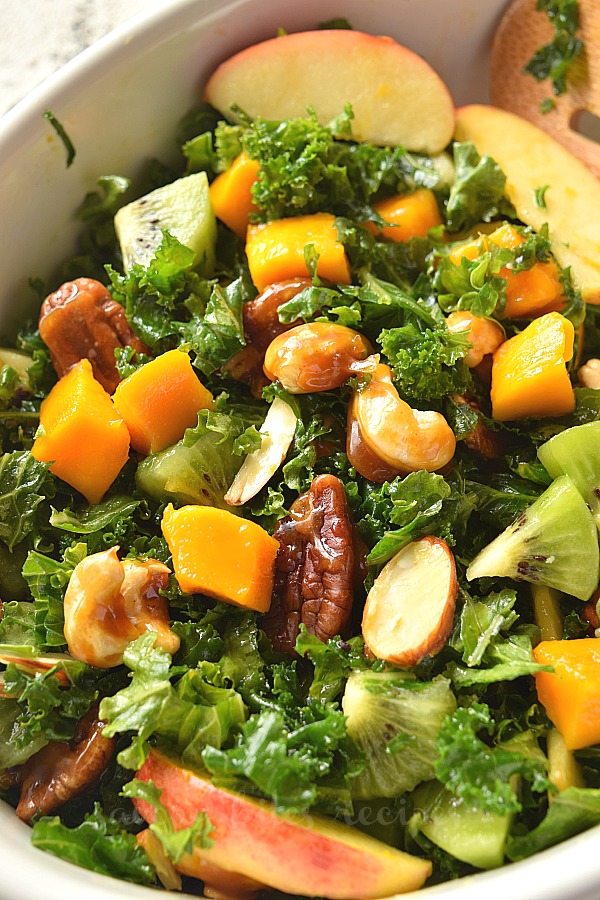 massaged kale salad recipe with candied pecans,apples and honey lemon vinaigrette