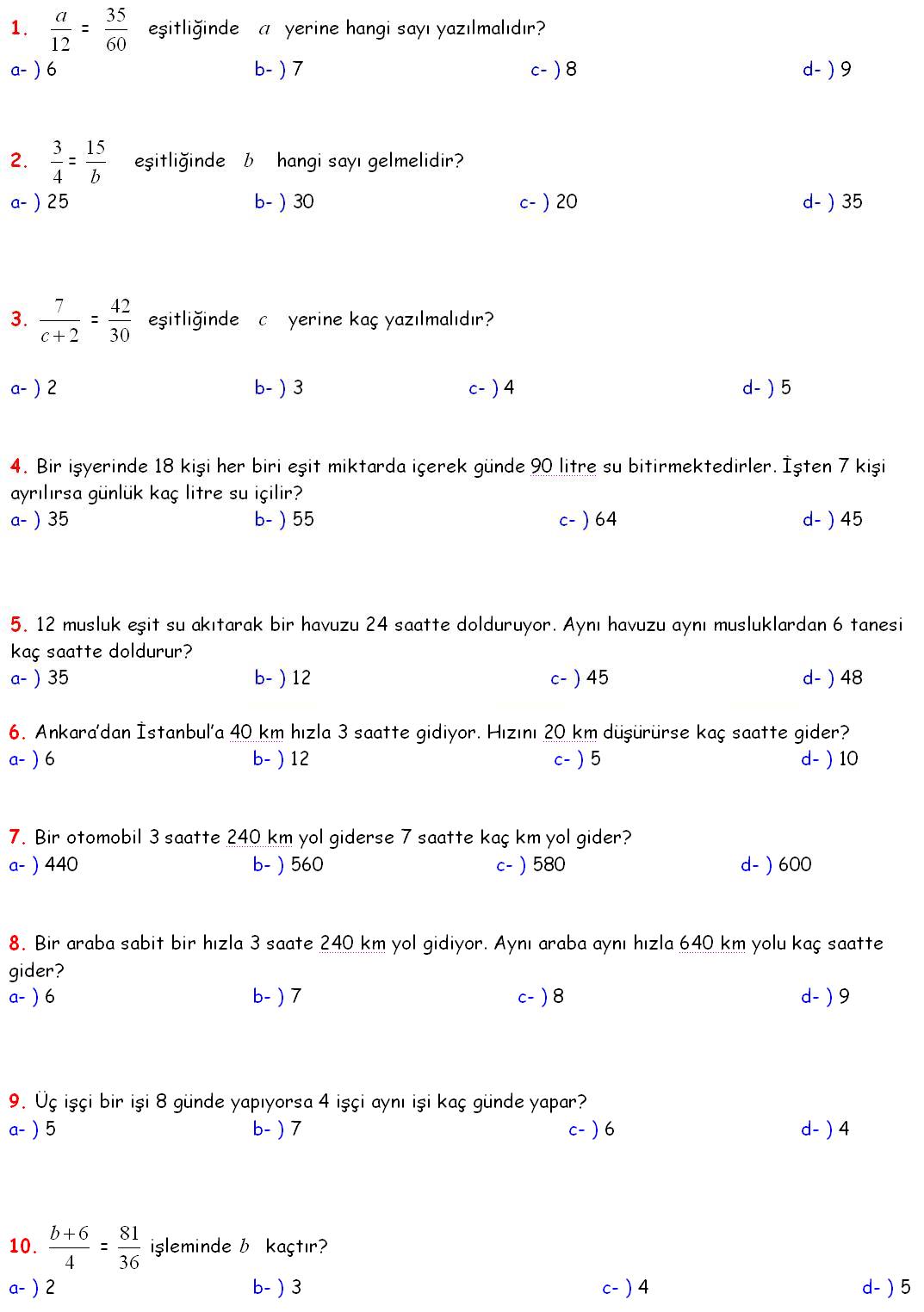 5. Sınıf Matematik Dersi Oran Soruları - 5. Sınıf Oran Problemleri