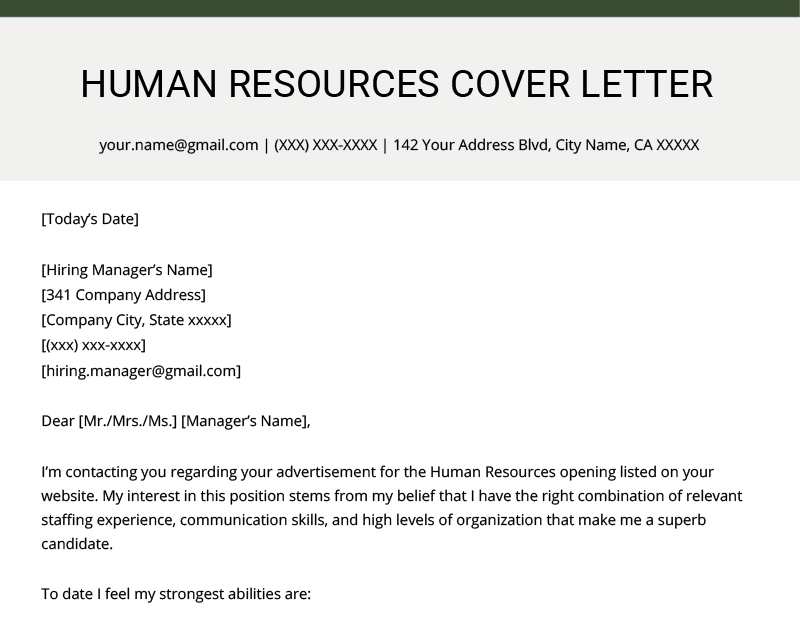 human resources cover letter entry level